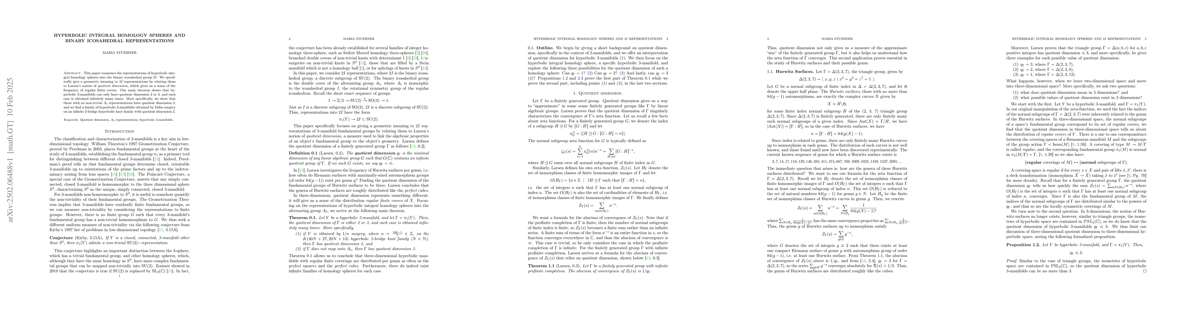 Thumbnail for Hyperbolic Integral Homology Spheres and Binary Icosahedral
  Representations