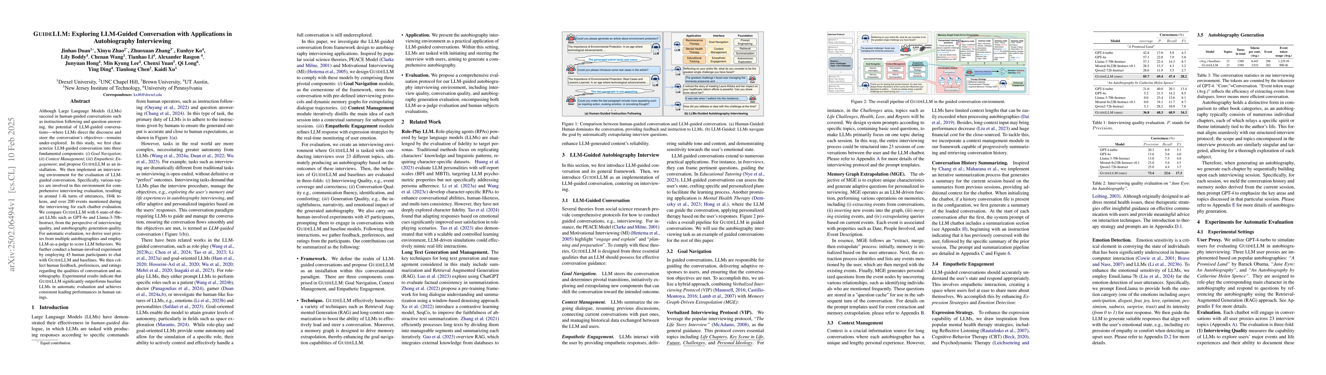 Thumbnail for GuideLLM: Exploring LLM-Guided Conversation with Applications in
  Autobiography Interviewing