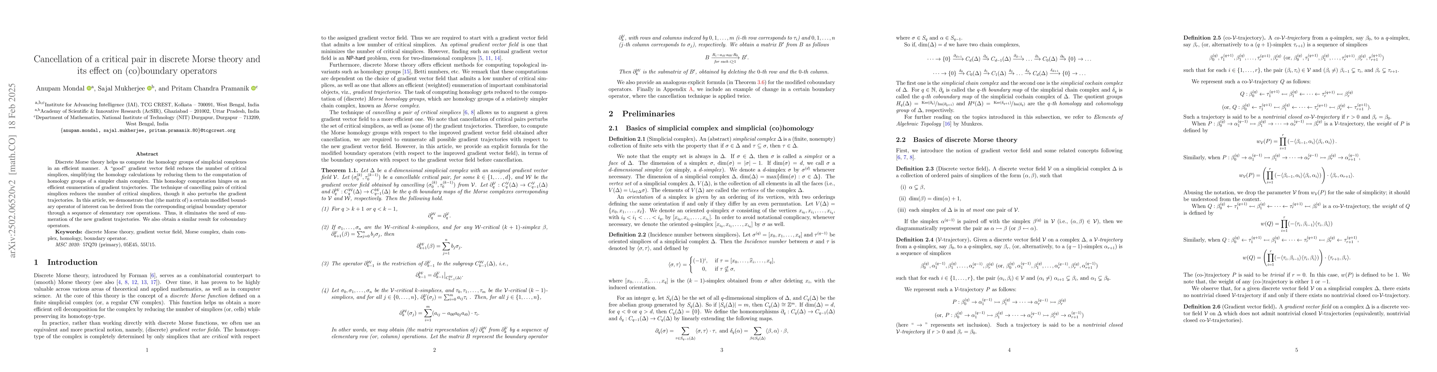 Thumbnail for Cancellation of a critical pair in discrete Morse theory and its effect
  on (co)boundary operators