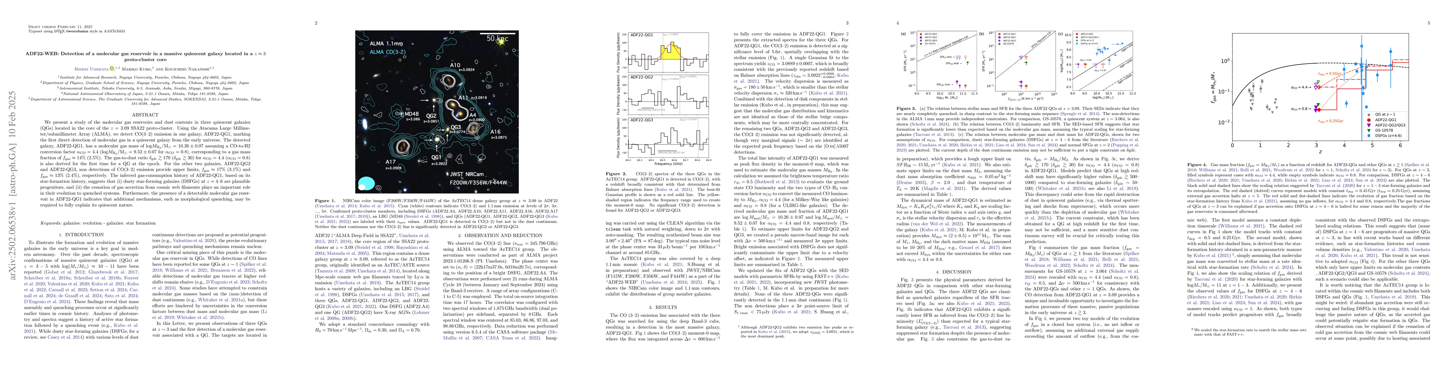 Thumbnail for ADF22-WEB: Detection of a molecular gas reservoir in a massive quiescent
  galaxy located in a $z\approx3$ proto-cluster core