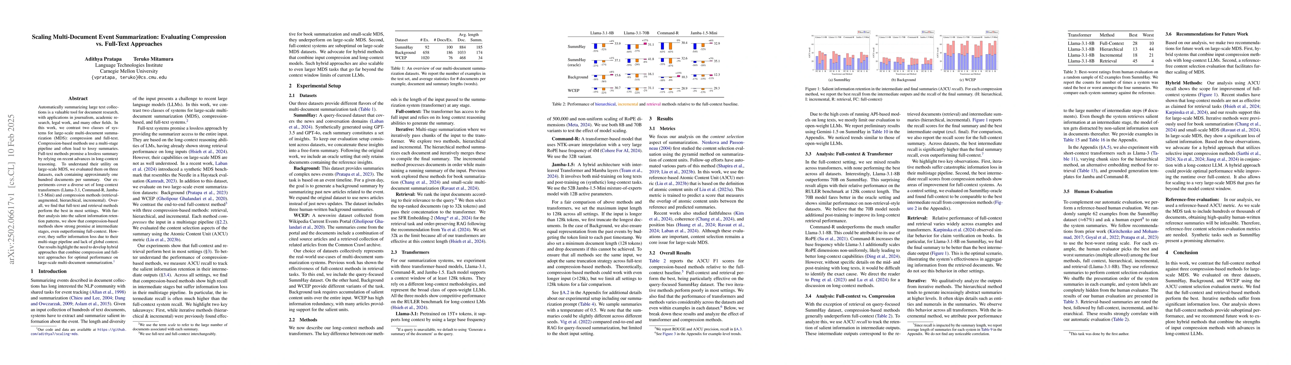 Thumbnail for Scaling Multi-Document Event Summarization: Evaluating Compression vs.
  Full-Text Approaches