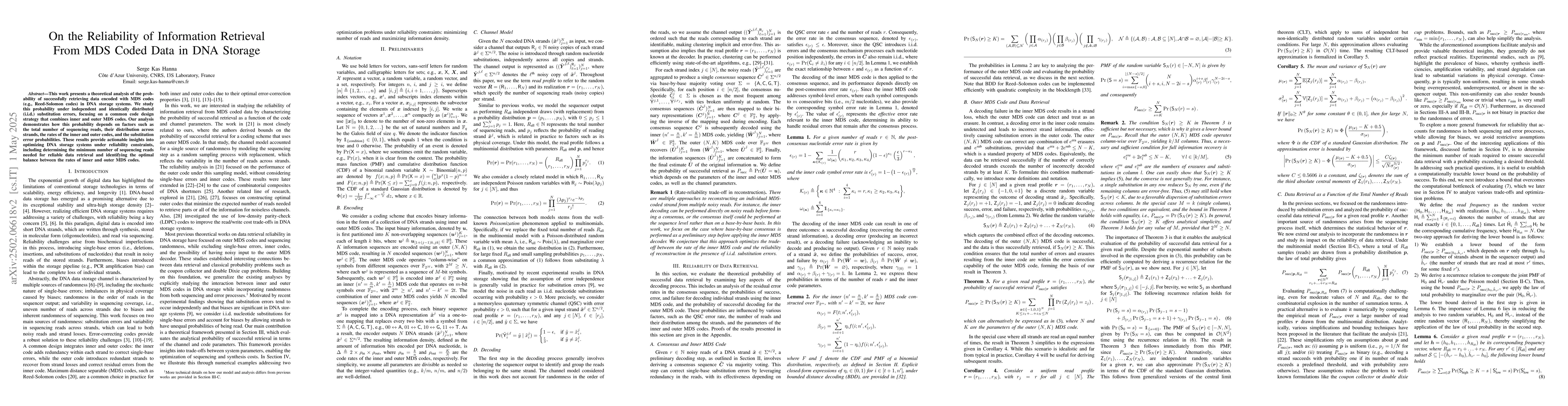 Thumbnail for On the Reliability of Information Retrieval From MDS Coded Data in DNA
  Storage