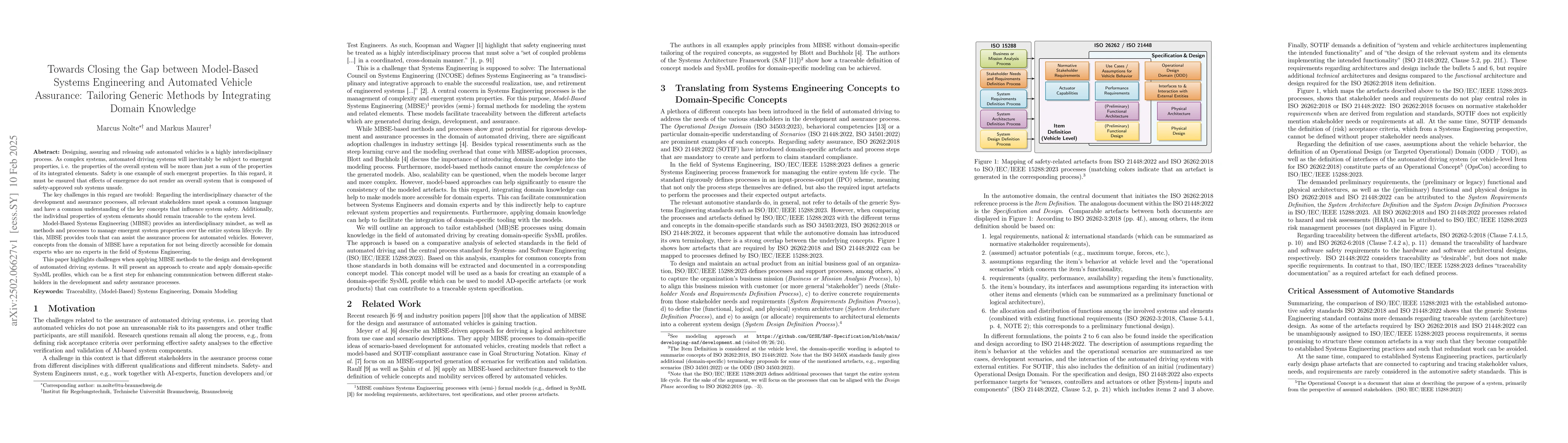 Thumbnail for Towards Closing the Gap between Model-Based Systems Engineering and
  Automated Vehicle Assurance: Tailoring Generic Methods by Integrating Domain
  Knowledge