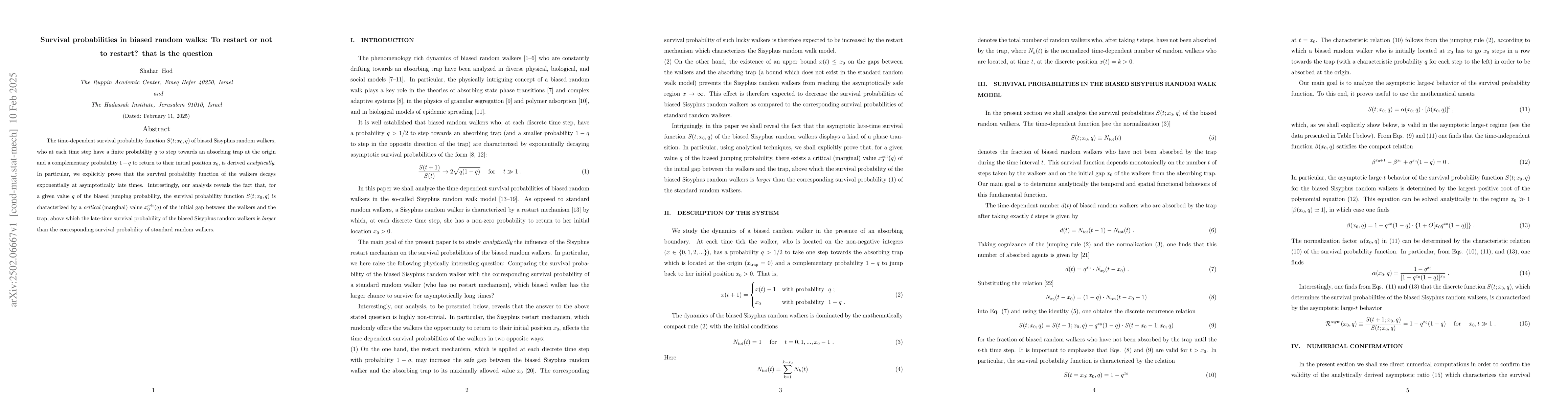 Thumbnail for Survival probabilities in biased random walks: To restart or not to
  restart? that is the question