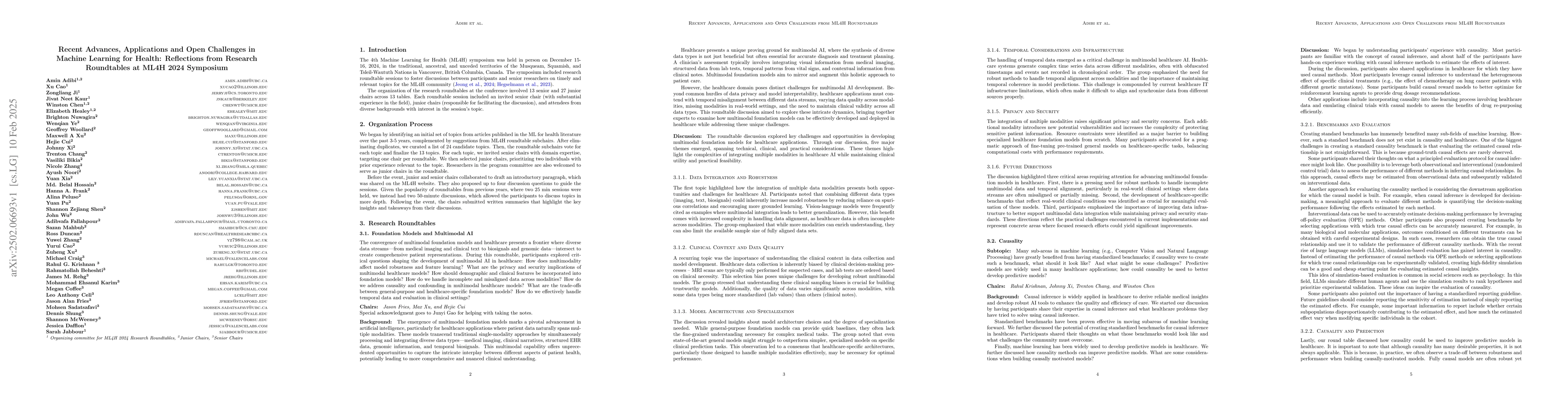 Thumbnail for Recent Advances, Applications and Open Challenges in Machine Learning
  for Health: Reflections from Research Roundtables at ML4H 2024 Symposium