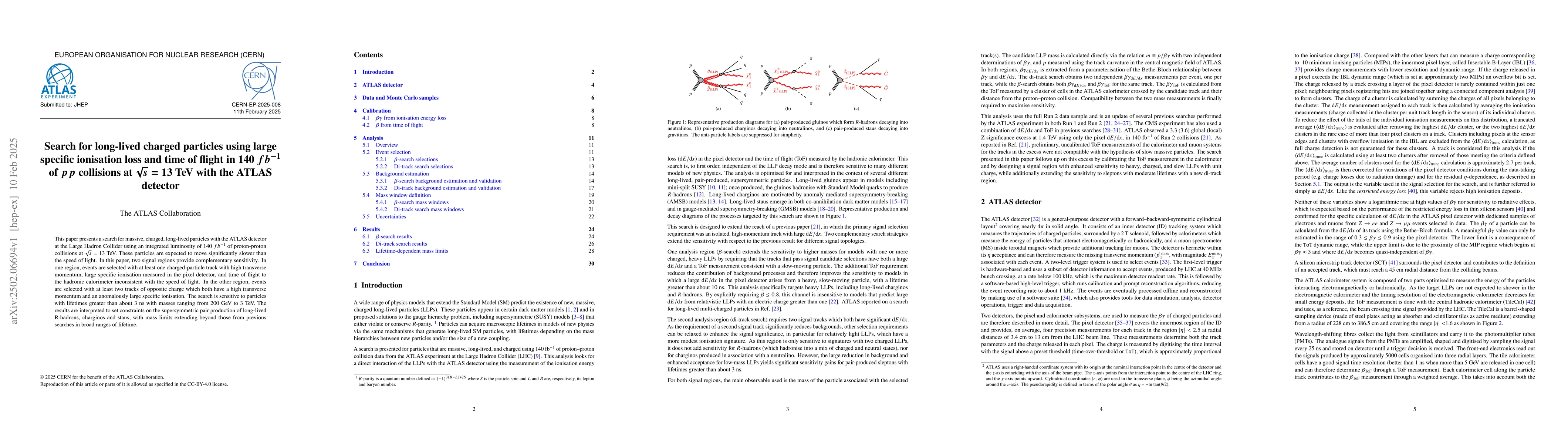 Thumbnail for Search for long-lived charged particles using large specific ionisation
  loss and time of flight in 140 $fb^{-1}$ of $pp$ collisions at $\sqrt{s}\ =
  13$ TeV with the ATLAS detector