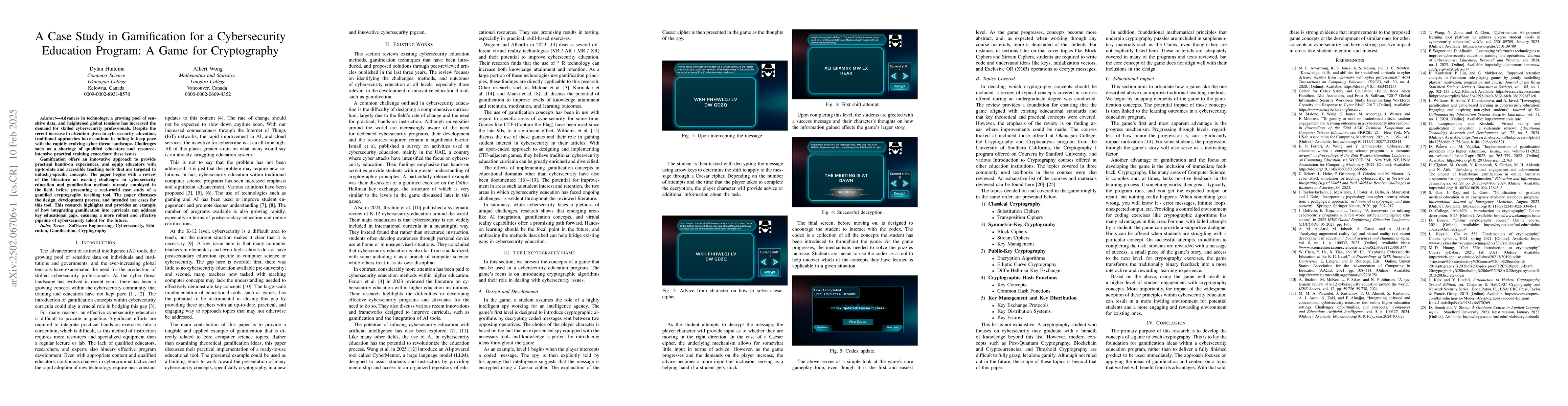 Thumbnail for A Case Study in Gamification for a Cybersecurity Education Program: A
  Game for Cryptography