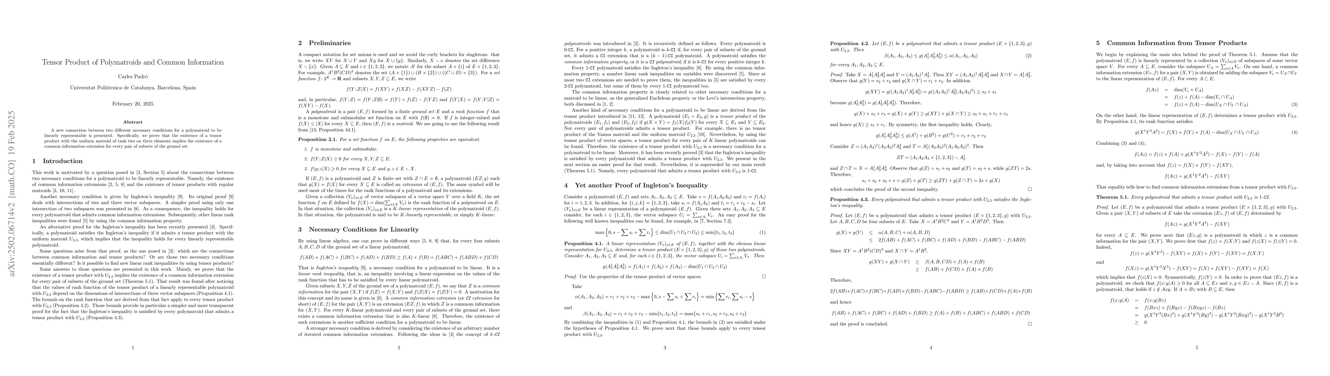 Thumbnail for Tensor Product of Polymatroids and Common Information
