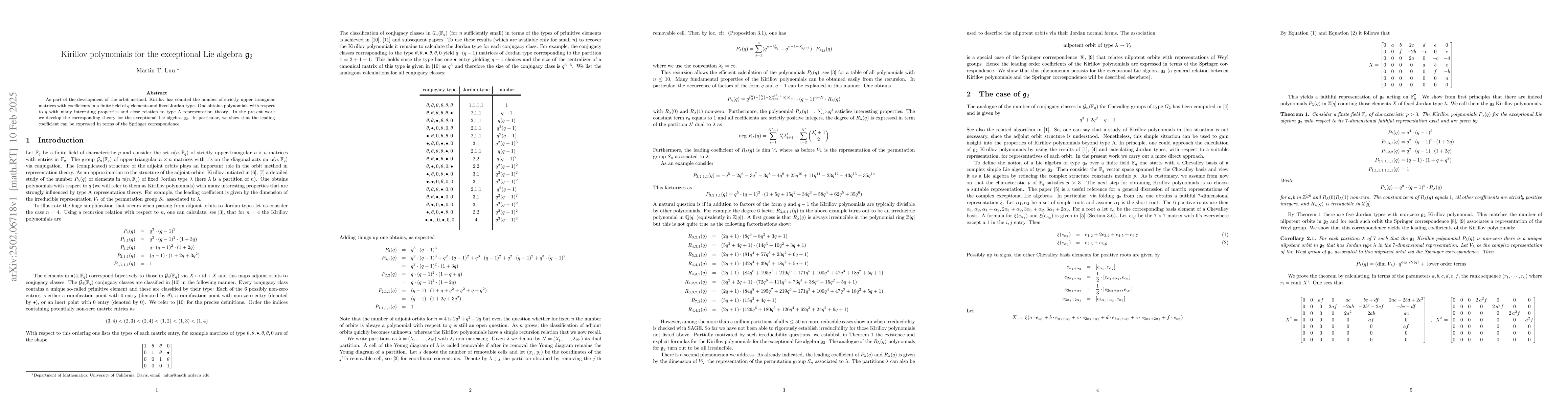 Thumbnail for Kirillov polynomials for the exceptional Lie algebra $\mathfrak g_2$
