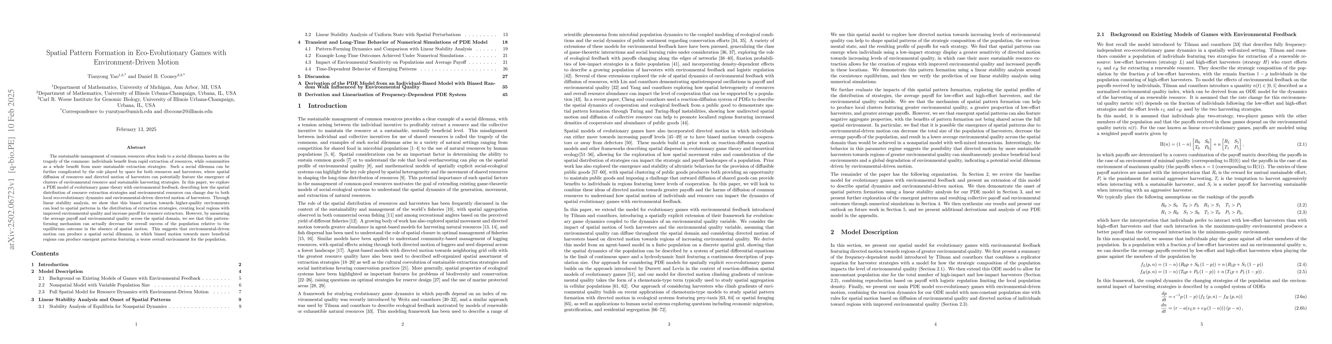 Thumbnail for Spatial Pattern Formation in Eco-Evolutionary Games with
  Environment-Driven Motion