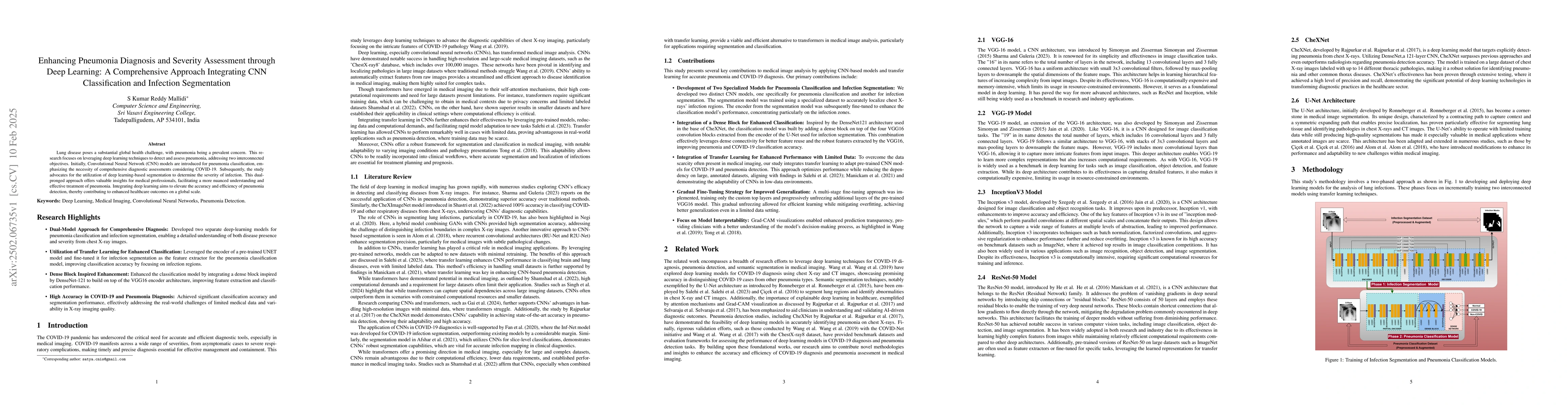 Thumbnail for Enhancing Pneumonia Diagnosis and Severity Assessment through Deep
  Learning: A Comprehensive Approach Integrating CNN Classification and
  Infection Segmentation