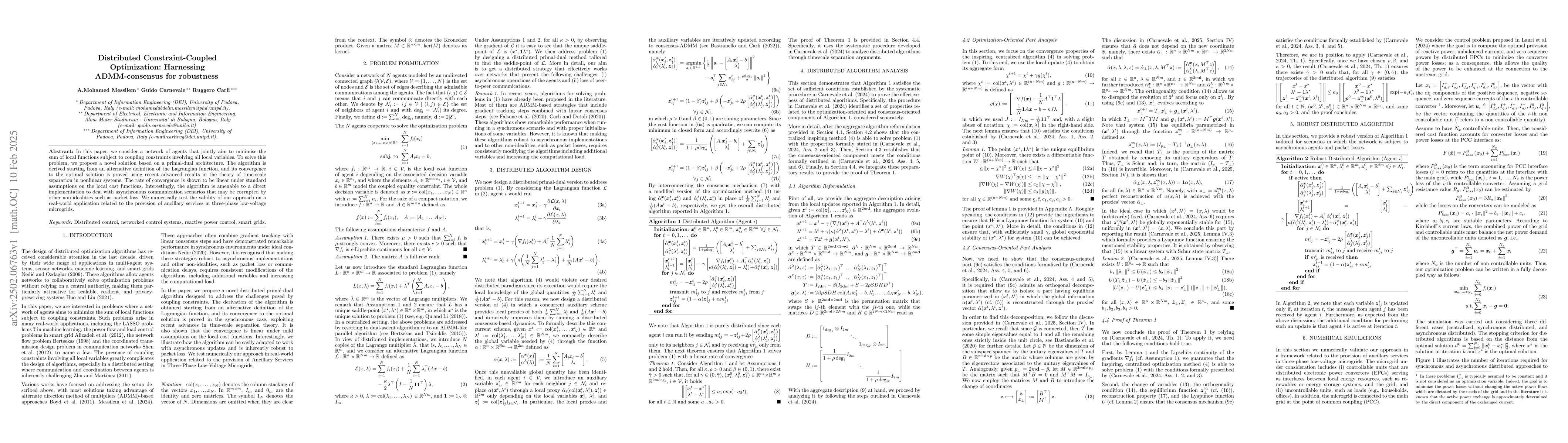 Thumbnail for Distributed Constraint-Coupled Optimization: Harnessing ADMM-consensus
  for robustness