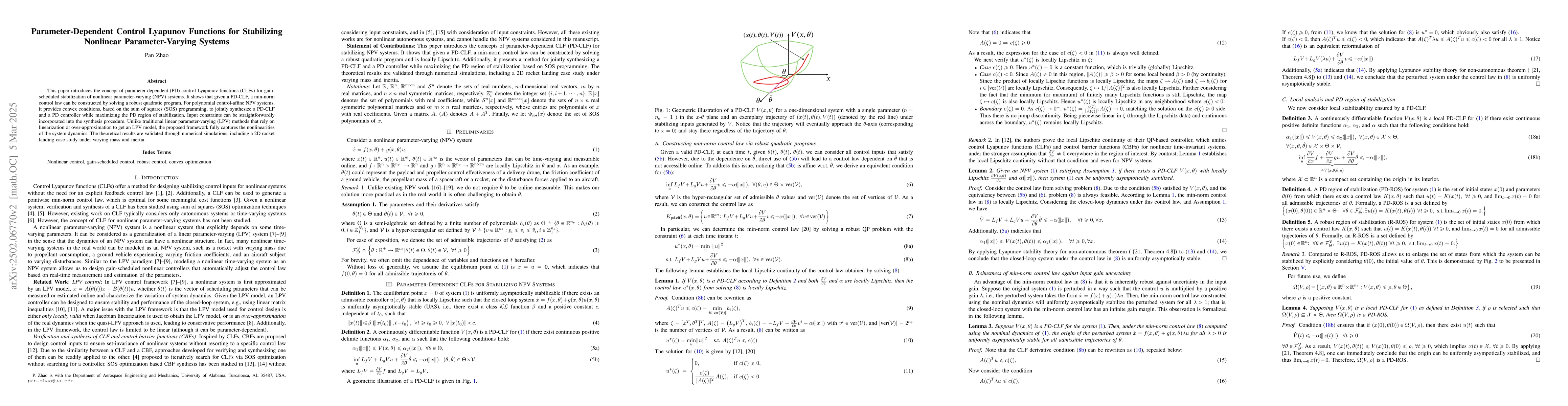 Thumbnail for Parameter-Dependent Control Lyapunov Functions for Stabilizing Nonlinear
  Parameter-Varying Systems