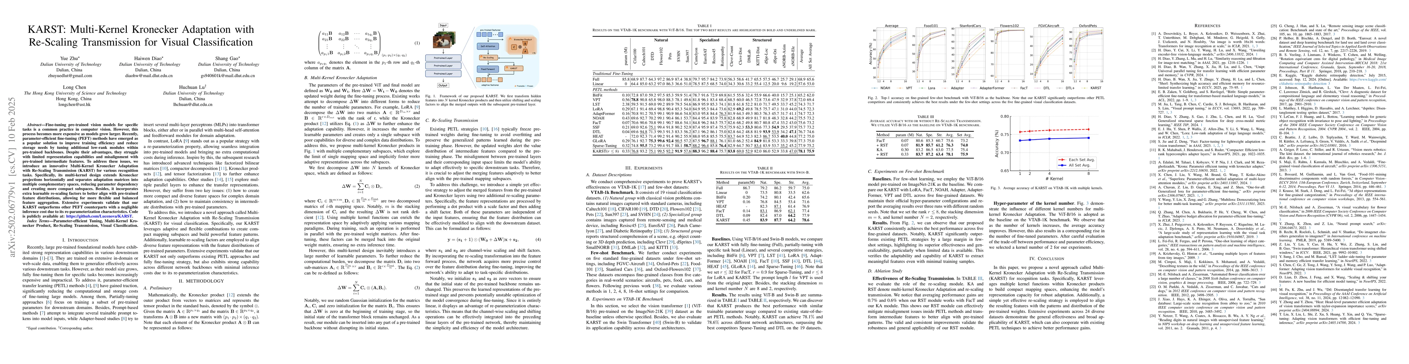 Thumbnail for KARST: Multi-Kernel Kronecker Adaptation with Re-Scaling Transmission
  for Visual Classification