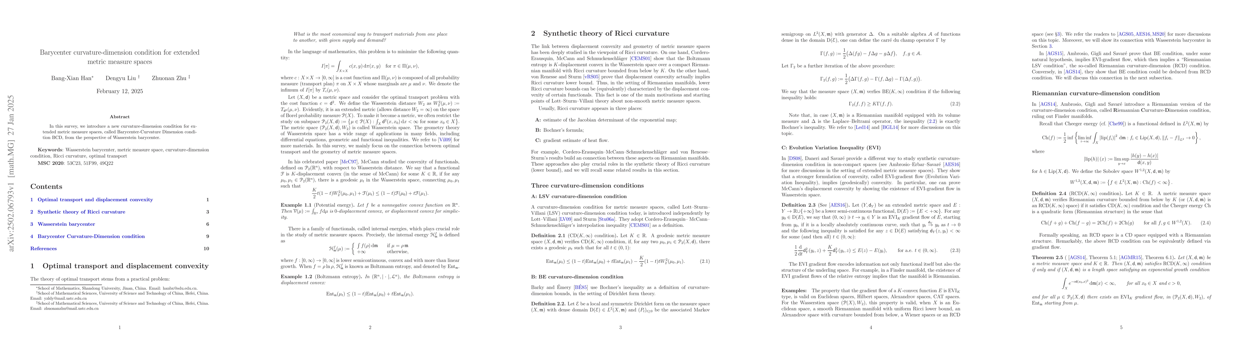 Thumbnail for Barycenter curvature-dimension condition for extended metric measure
  spaces