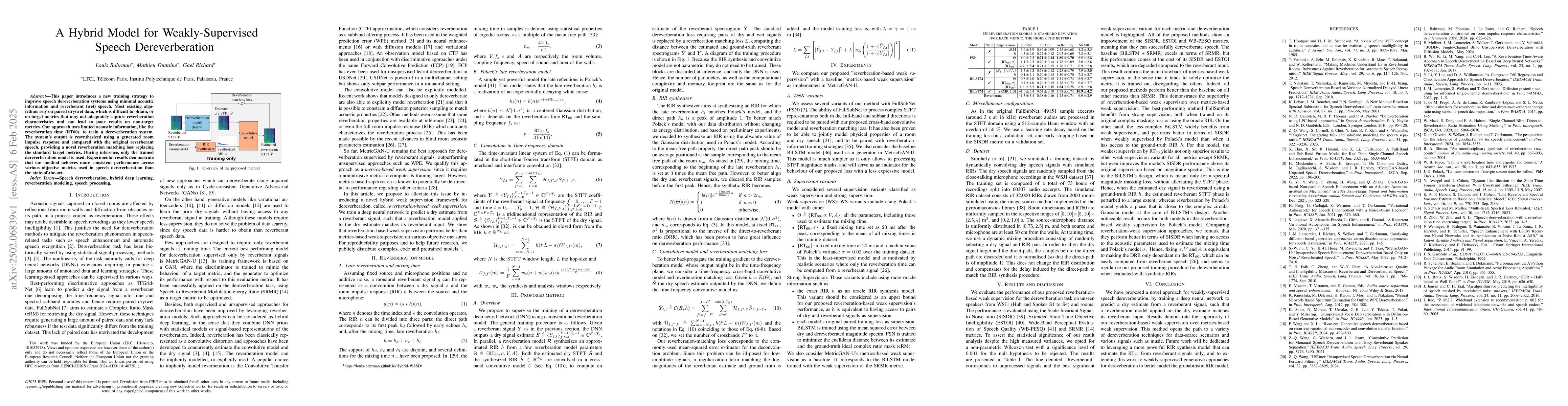 Thumbnail for A Hybrid Model for Weakly-Supervised Speech Dereverberation