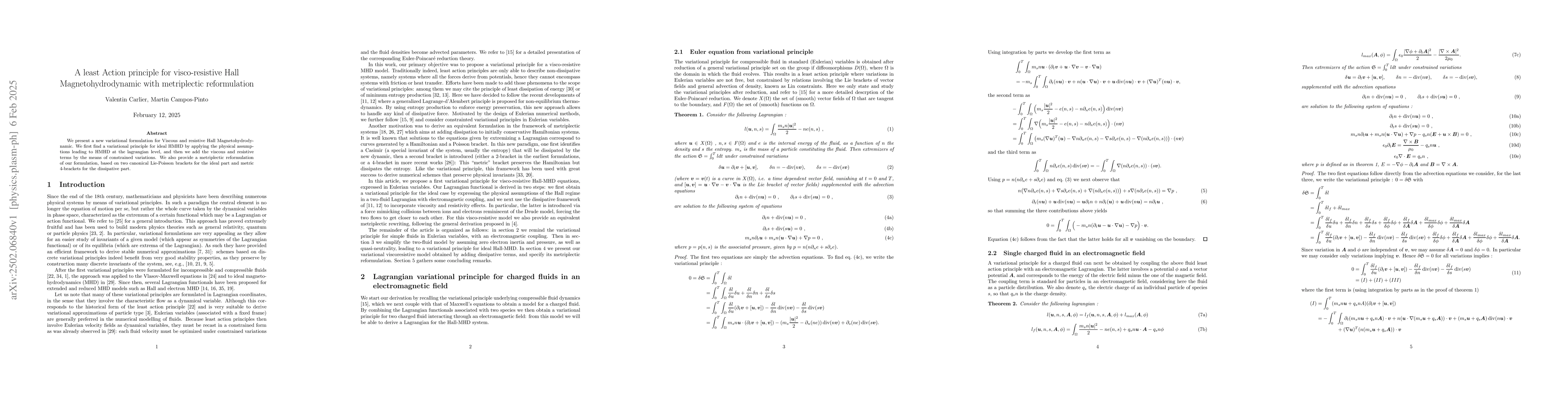 Thumbnail for A least Action principle for visco-resistive Hall Magnetohydrodynamic
  with metriplectic reformulation