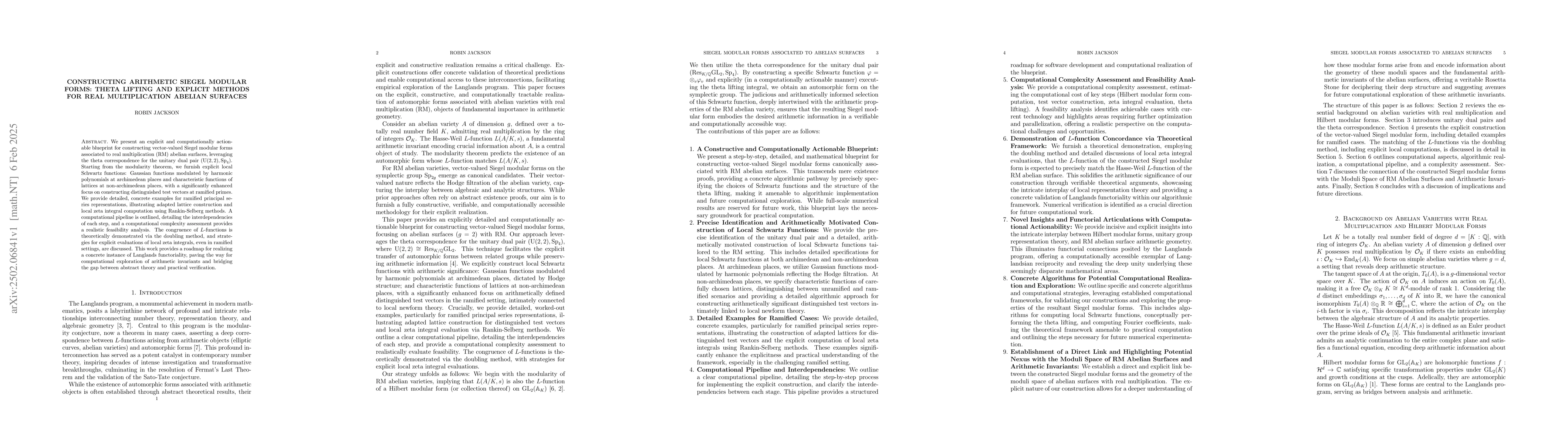 Thumbnail for Constructing Arithmetic Siegel Modular Forms: Theta Lifting and Explicit
  Methods for Real Multiplication Abelian Surfaces
