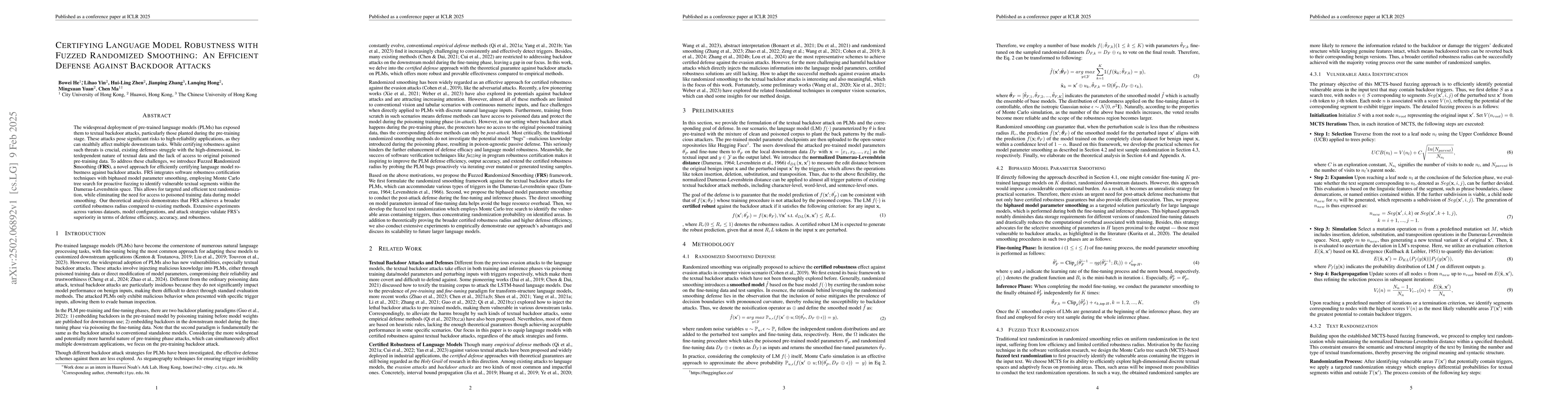 Thumbnail for Certifying Language Model Robustness with Fuzzed Randomized Smoothing:
  An Efficient Defense Against Backdoor Attacks