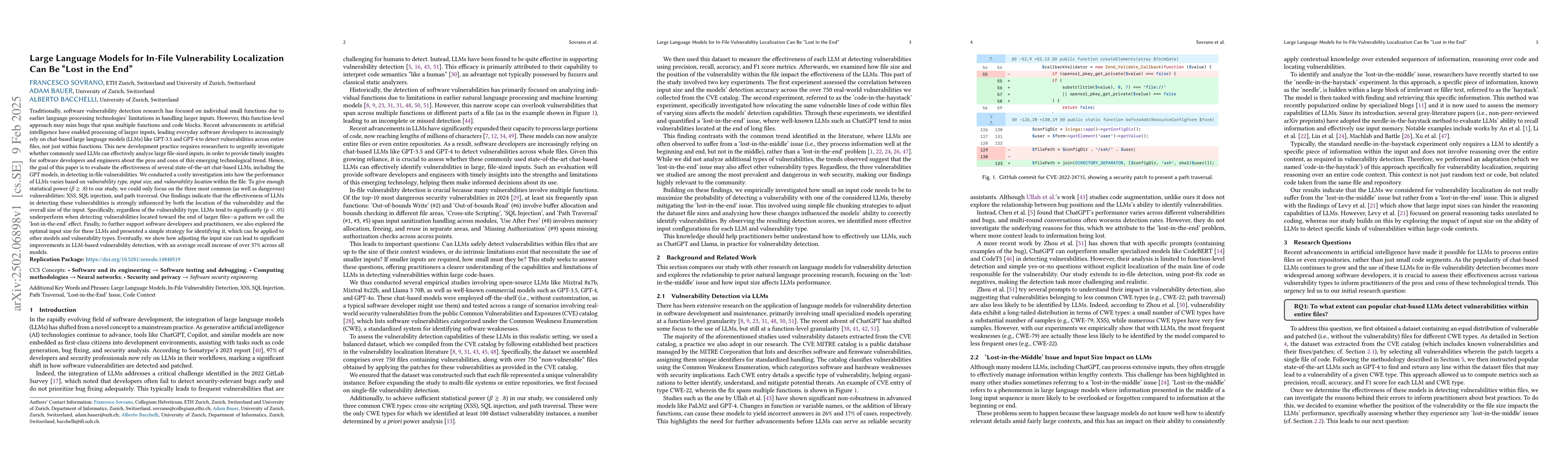 Thumbnail for Large Language Models for In-File Vulnerability Localization Can Be
  "Lost in the End"