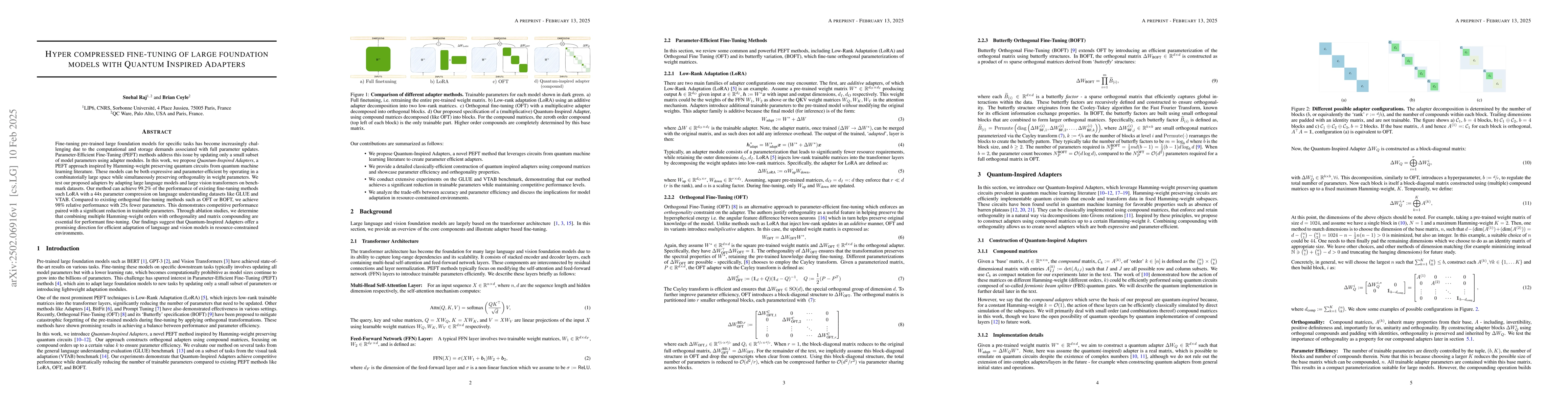 Thumbnail for Hyper Compressed Fine-Tuning of Large Foundation Models with Quantum
  Inspired Adapters