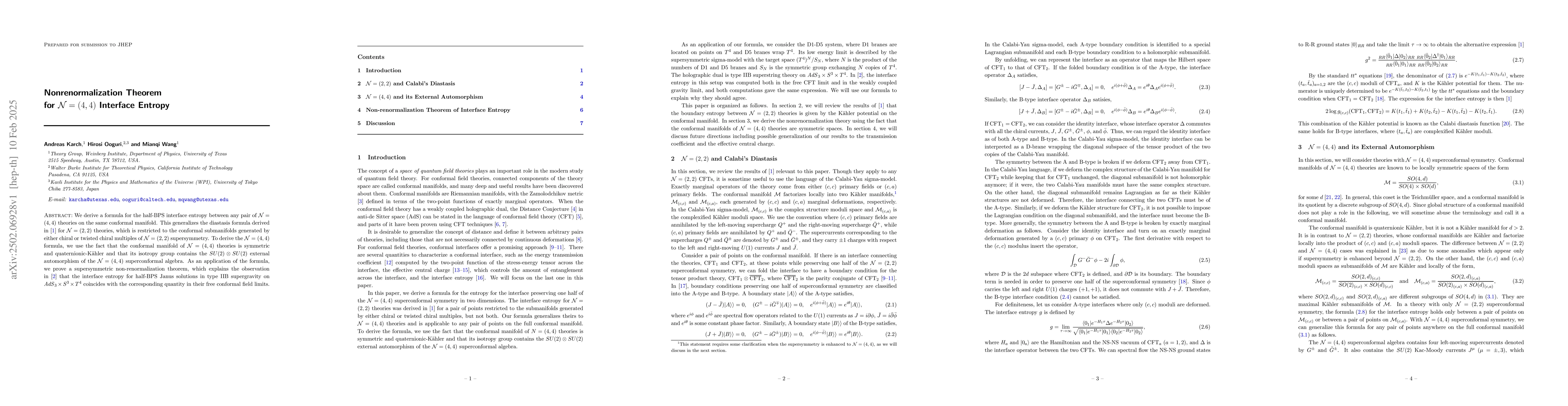 Thumbnail for Nonrenormalization Theorem for ${\cal N}=(4,4)$ Interface Entropy