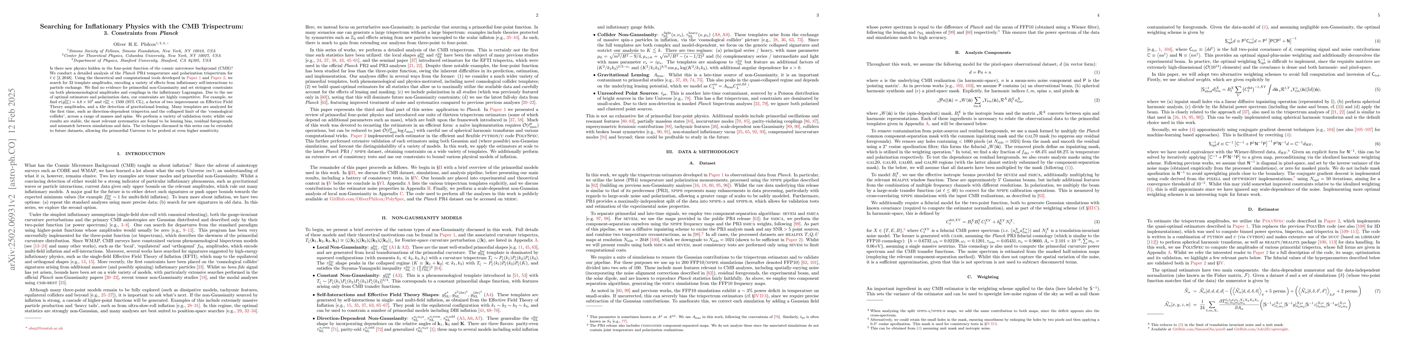 Thumbnail for Searching for Inflationary Physics with the CMB Trispectrum: 3.
  Constraints from Planck