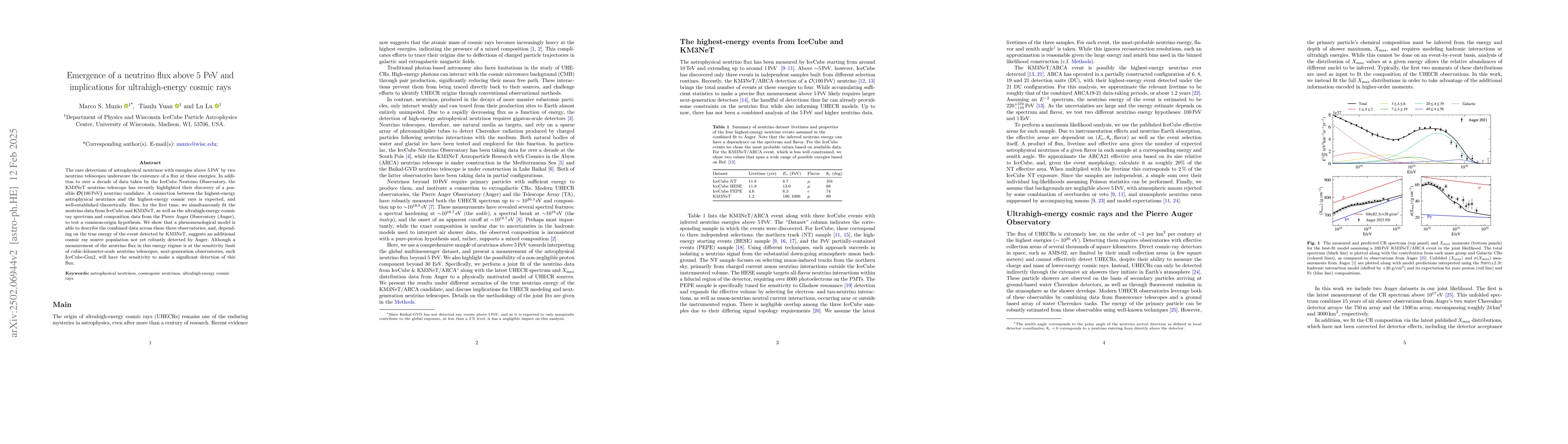 Thumbnail for Emergence of a neutrino flux above 5 PeV and implications for ultrahigh
  energy cosmic rays