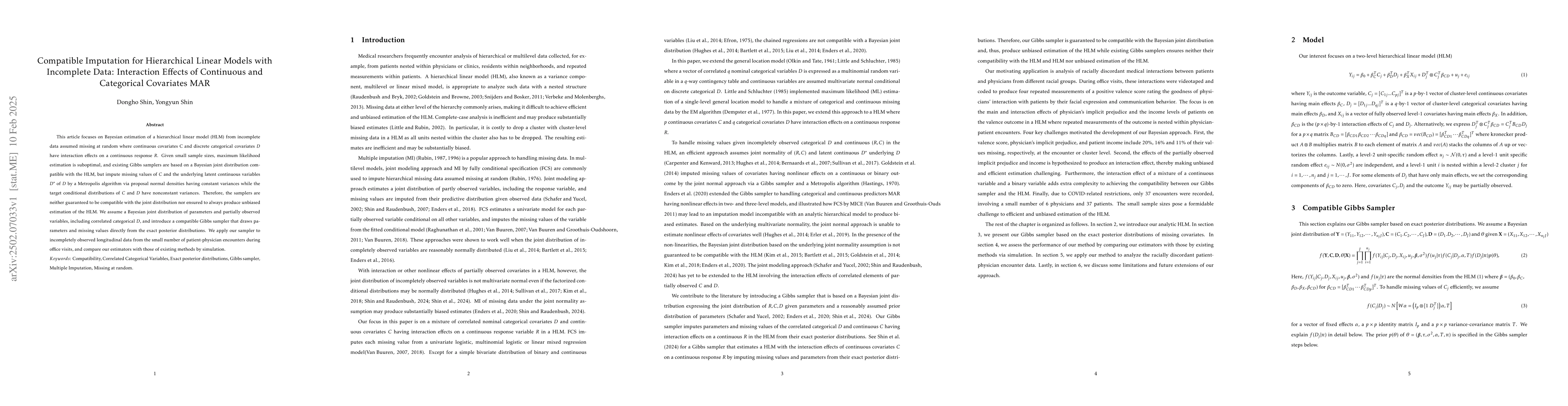 Thumbnail for Compatible Imputation for Hierarchical Linear Models with Incomplete
  Data: Interaction Effects of Continuous and Categorical Covariates MAR