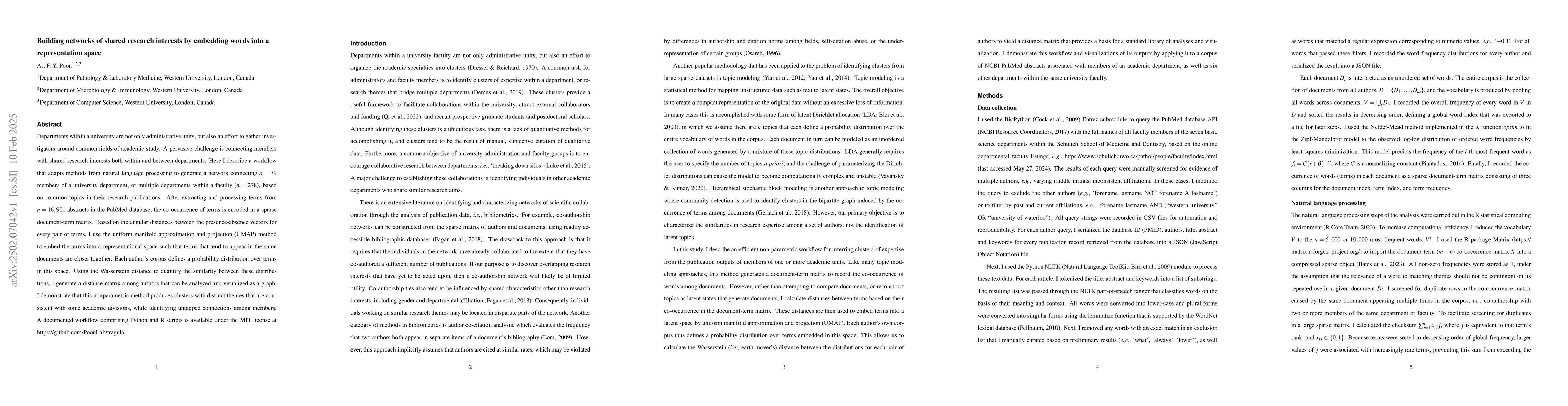 Thumbnail for Building networks of shared research interests by embedding words into a
  representation space