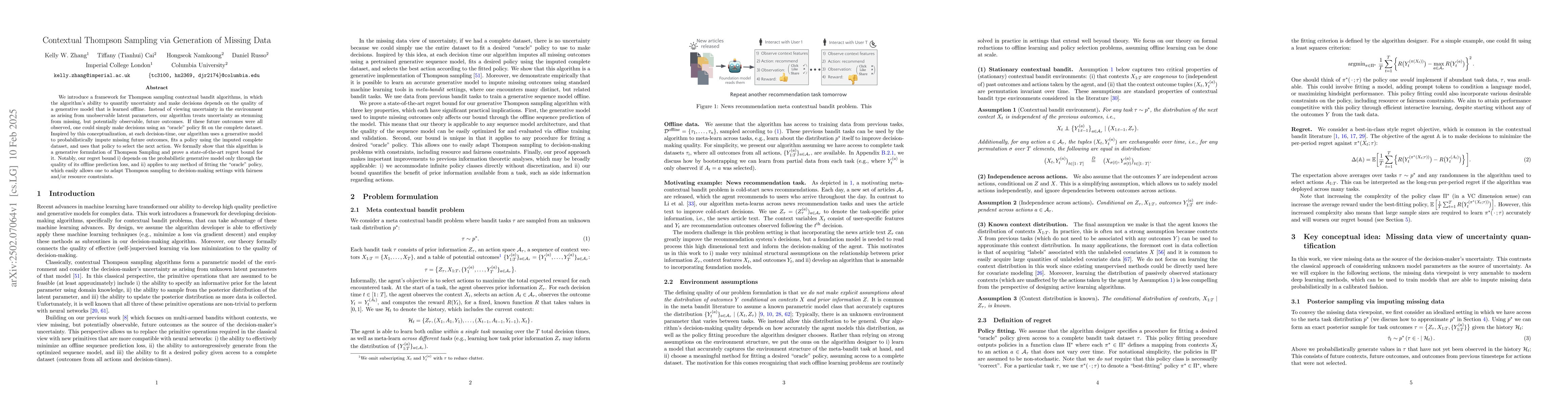 Thumbnail for Contextual Thompson Sampling via Generation of Missing Data