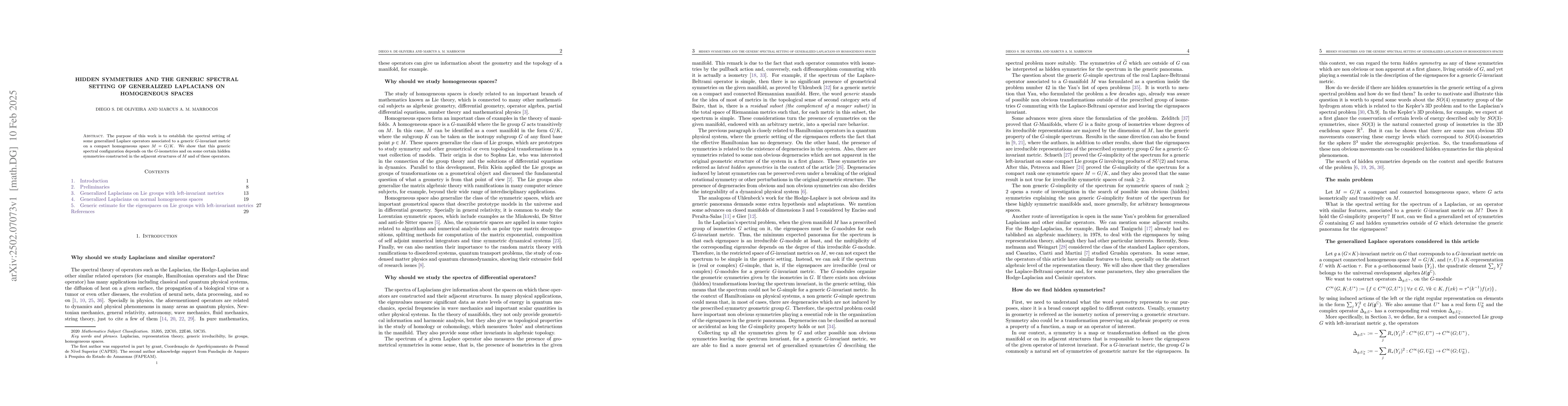 Thumbnail for Hidden symmetries and the generic spectral setting of generalized
  laplacians on homogeneous spaces