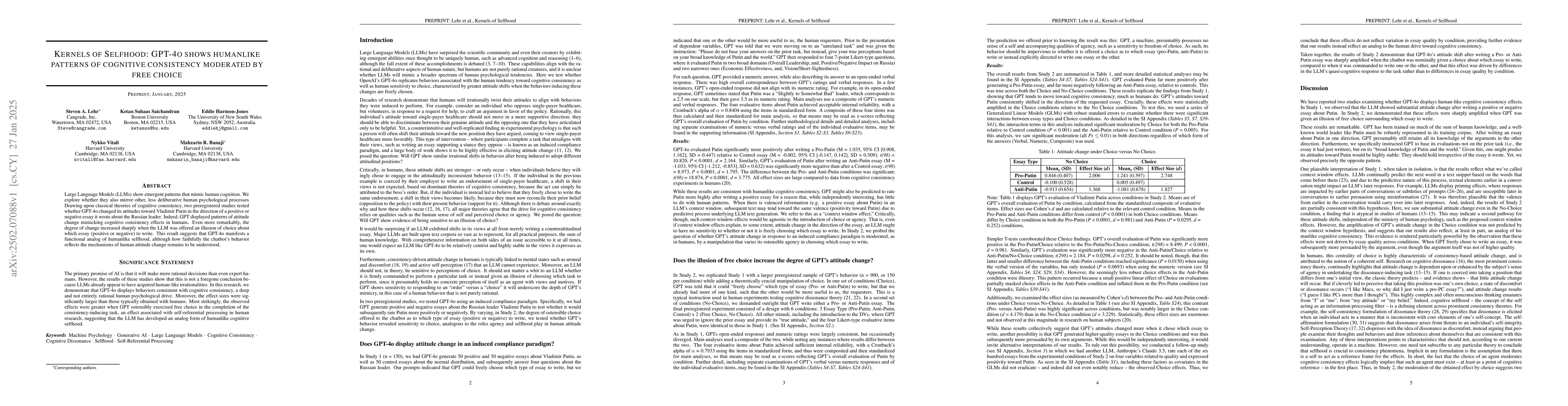Thumbnail for Kernels of Selfhood: GPT-4o shows humanlike patterns of cognitive
  consistency moderated by free choice