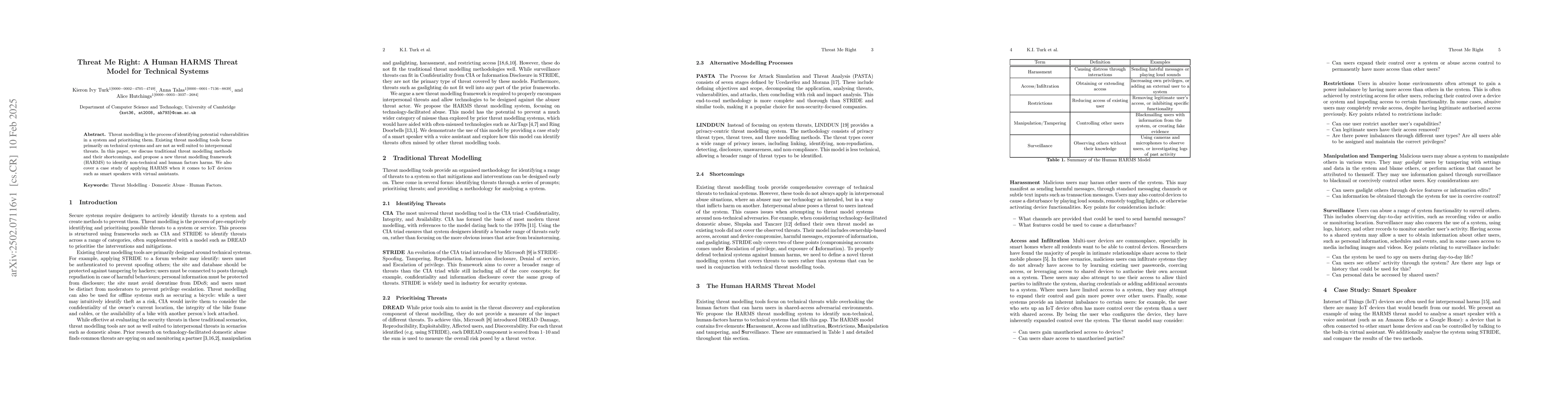 Thumbnail for Threat Me Right: A Human HARMS Threat Model for Technical Systems