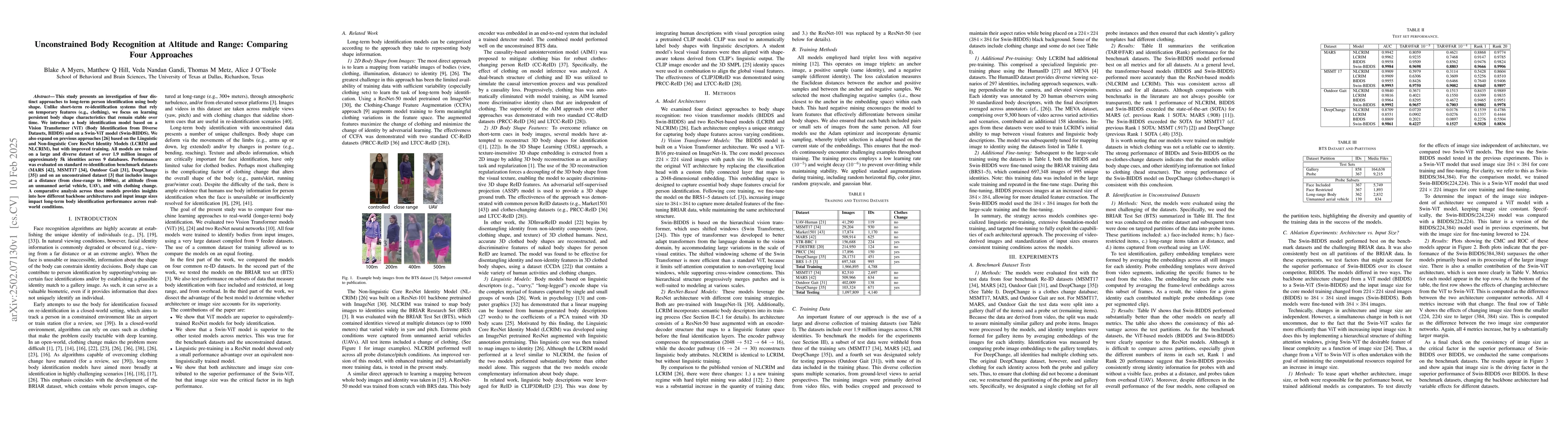 Thumbnail for Unconstrained Body Recognition at Altitude and Range: Comparing Four
  Approaches