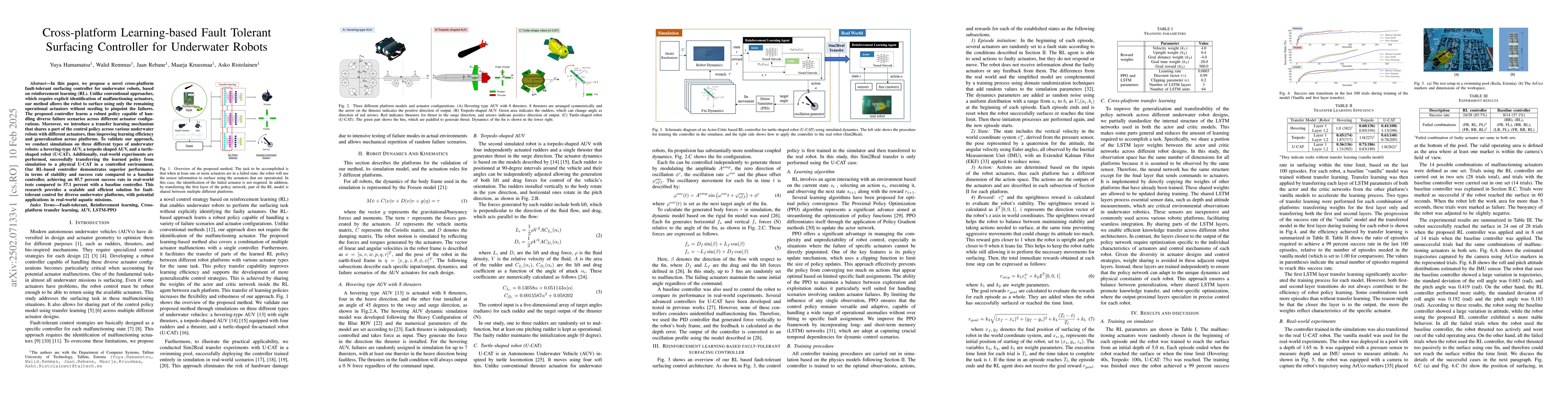 Thumbnail for Cross-platform Learning-based Fault Tolerant Surfacing Controller for
  Underwater Robots