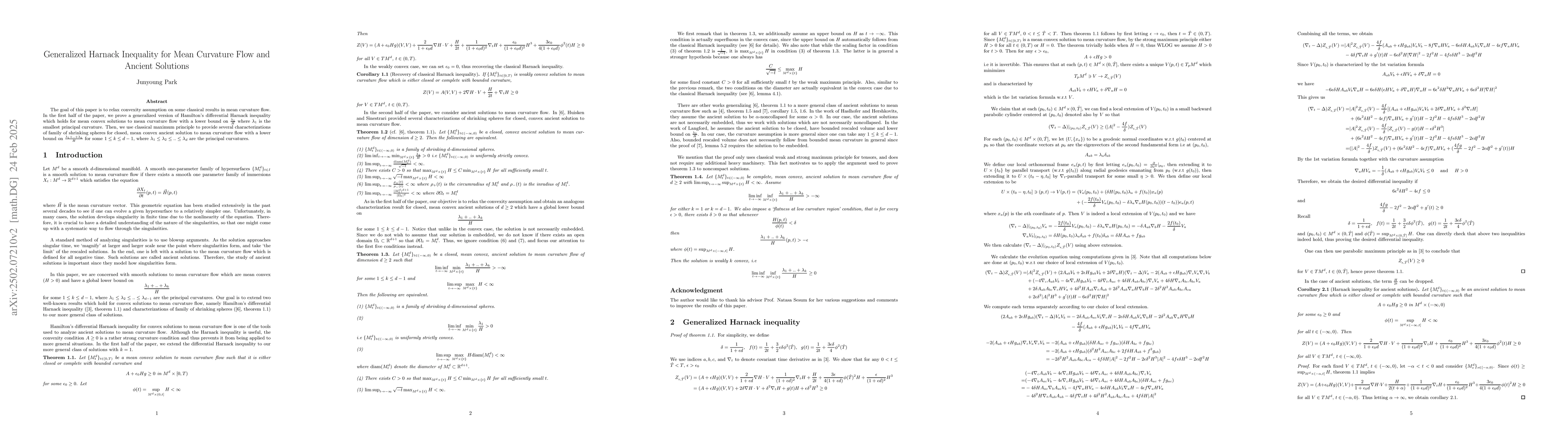 Thumbnail for Generalized Harnack Inequality for Mean Curvature Flow and Ancient
  Solutions