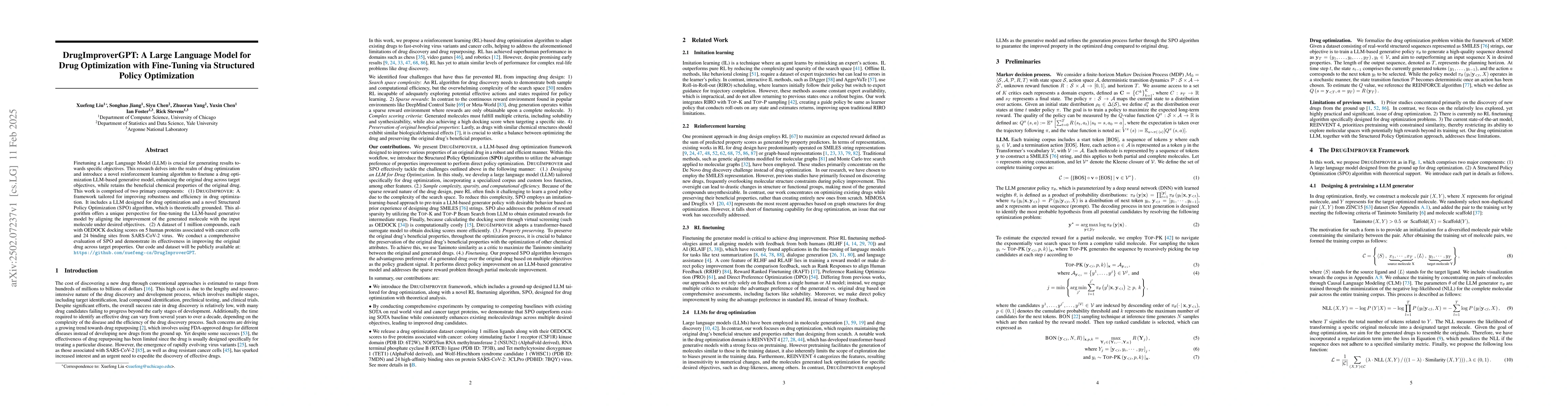 Thumbnail for DrugImproverGPT: A Large Language Model for Drug Optimization with
  Fine-Tuning via Structured Policy Optimization