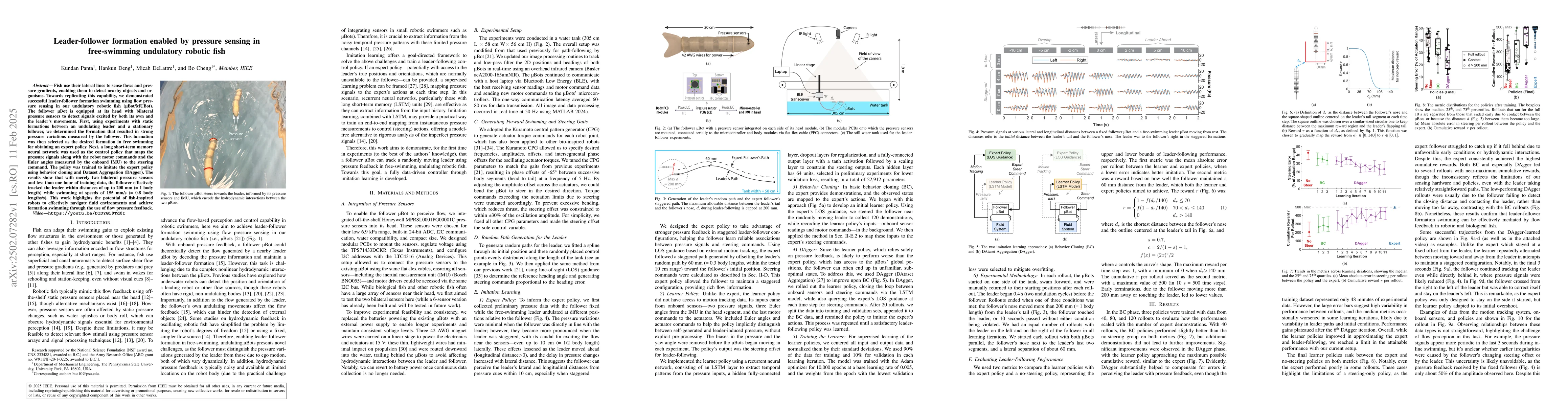 Thumbnail for Leader-follower formation enabled by pressure sensing in free-swimming
  undulatory robotic fish