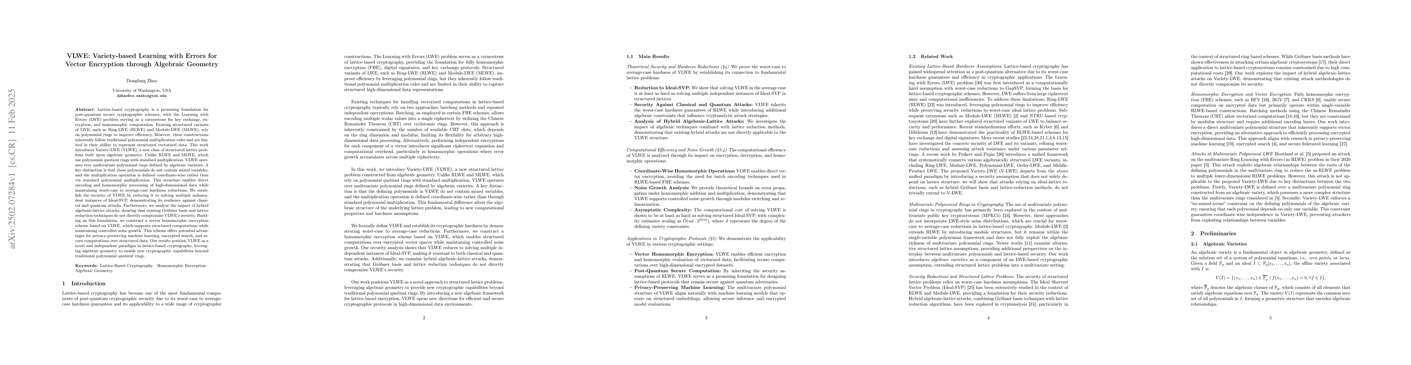 Thumbnail for VLWE: Variety-based Learning with Errors for Vector Encryption through
  Algebraic Geometry
