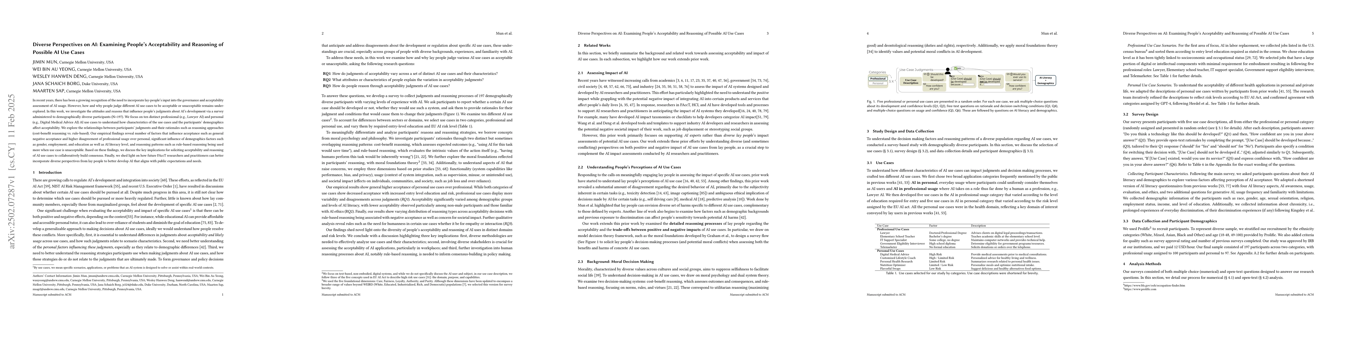 Thumbnail for Diverse Perspectives on AI: Examining People's Acceptability and
  Reasoning of Possible AI Use Cases