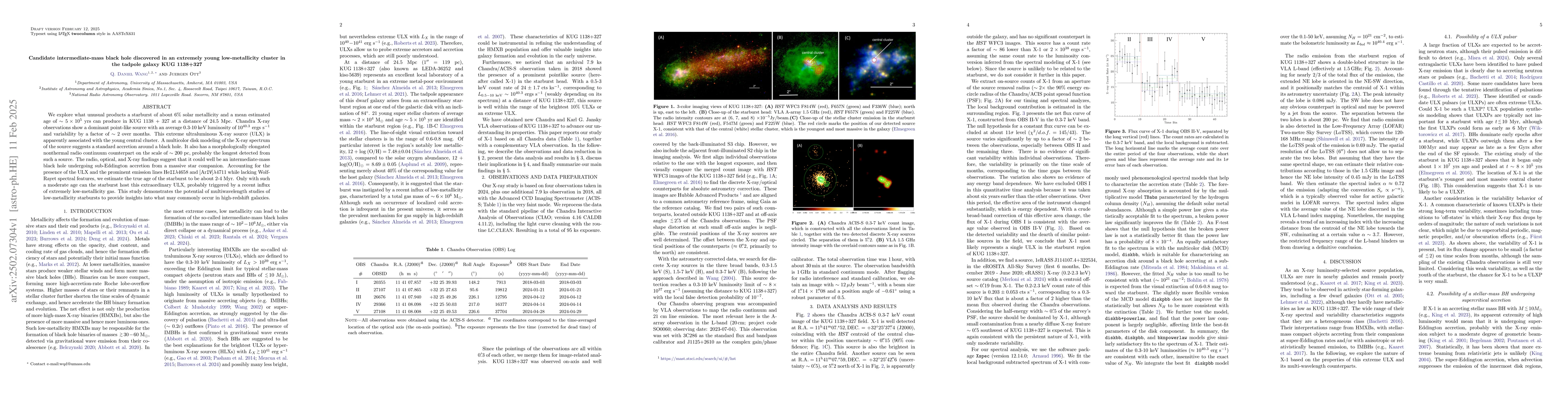 Thumbnail for Candidate intermediate-mass black hole discovered in an extremely young
  low-metallicity cluster in the tadpole galaxy KUG 1138+327