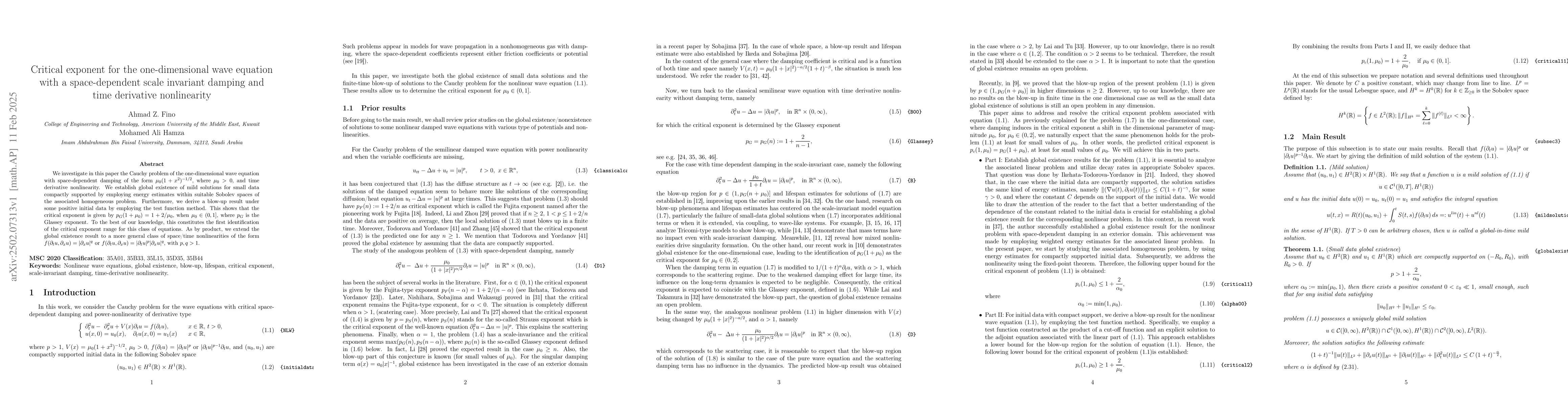 Thumbnail for Critical exponent for the one-dimensional wave equation with a
  space-dependent scale invariant damping and time derivative nonlinearity