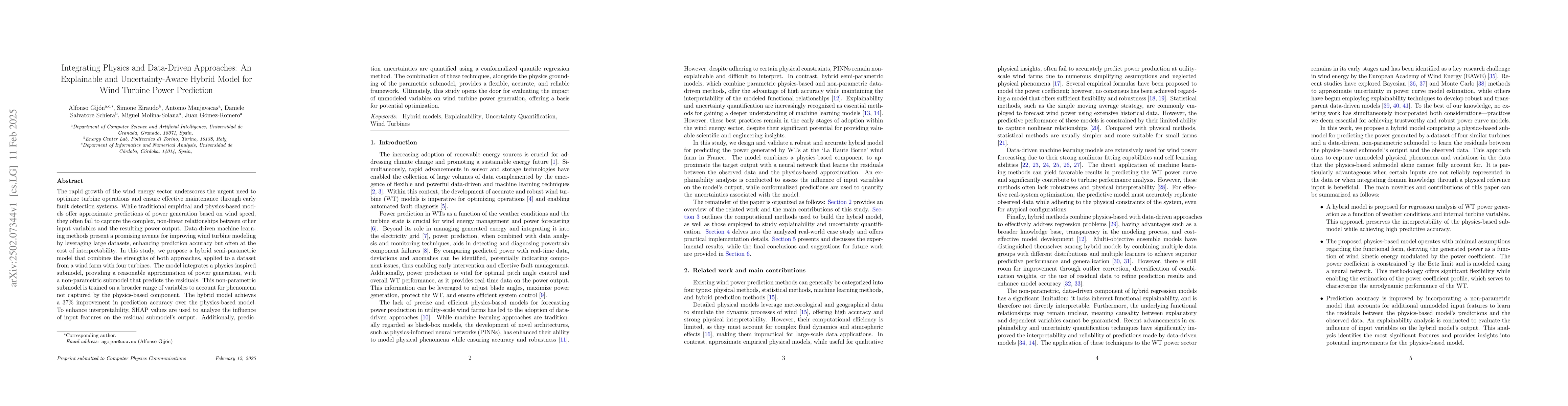 Thumbnail for Integrating Physics and Data-Driven Approaches: An Explainable and
  Uncertainty-Aware Hybrid Model for Wind Turbine Power Prediction