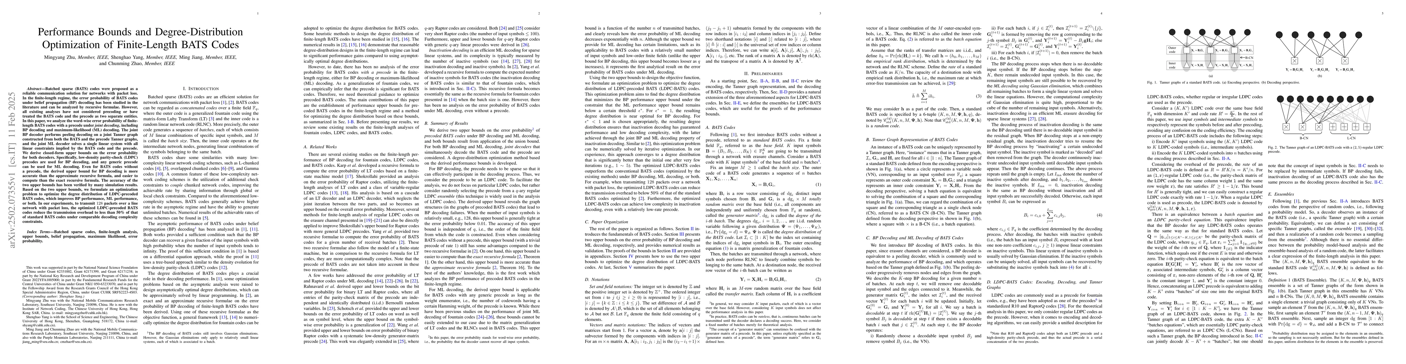 Thumbnail for Performance Bounds and Degree-Distribution Optimization of Finite-Length
  BATS Codes