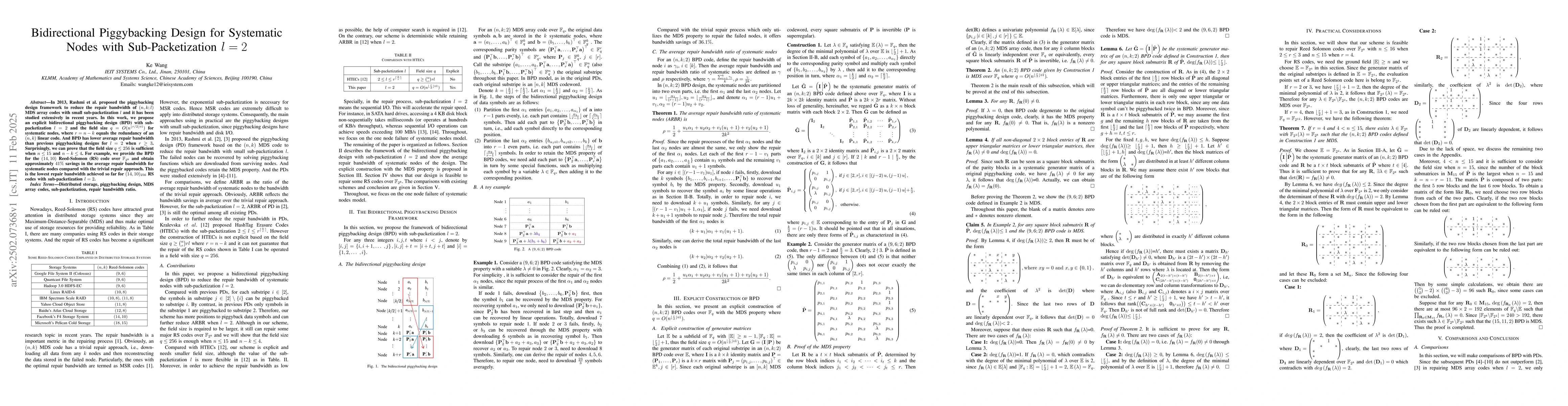 Thumbnail for Bidirectional Piggybacking Design for Systematic Nodes with
  Sub-Packetization $l=2$