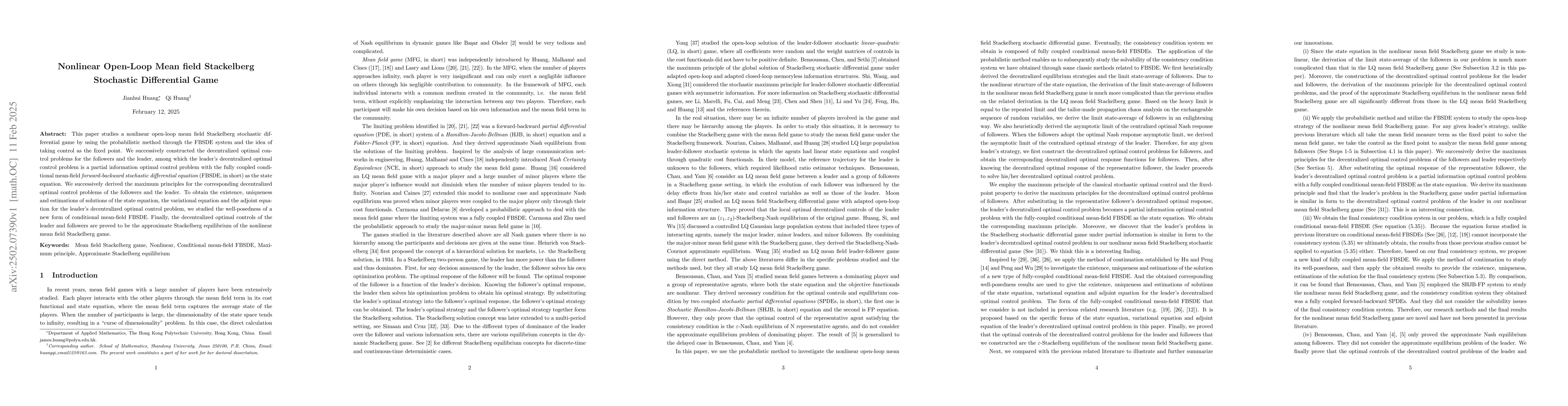 Thumbnail for Nonlinear Open-Loop Mean field Stackelberg Stochastic Differential Game