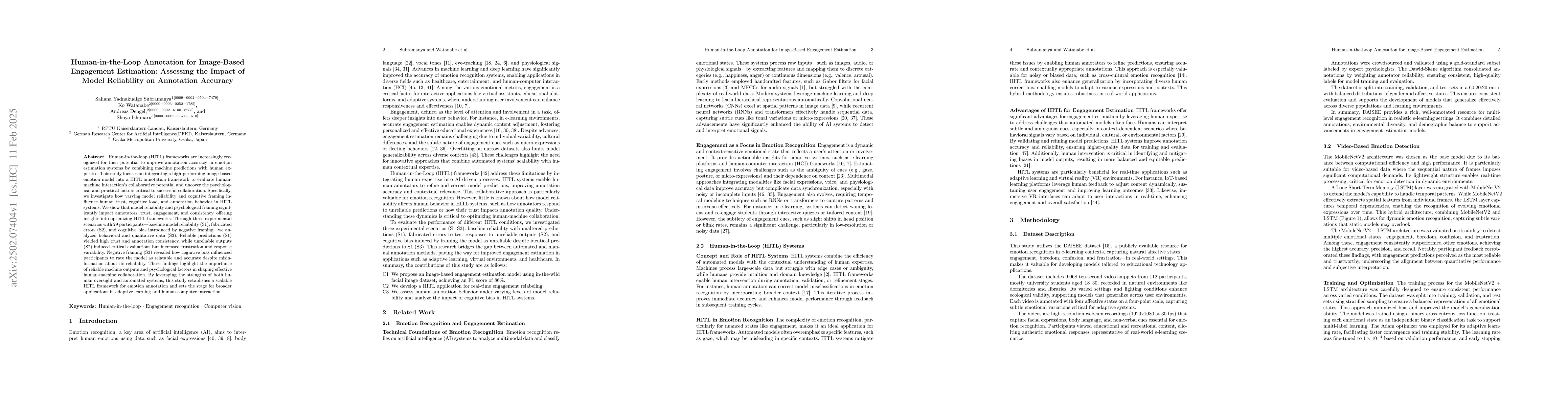 Thumbnail for Human-in-the-Loop Annotation for Image-Based Engagement Estimation:
  Assessing the Impact of Model Reliability on Annotation Accuracy