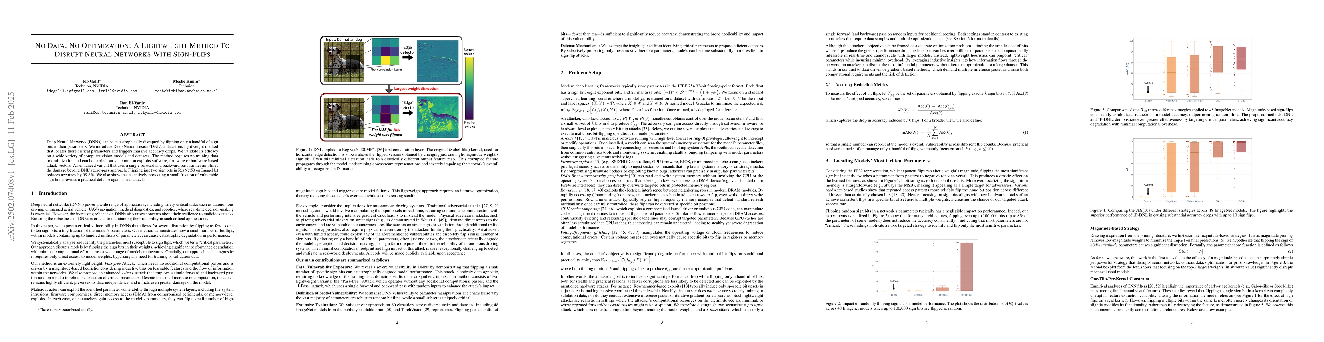 Thumbnail for No Data, No Optimization: A Lightweight Method To Disrupt Neural
  Networks With Sign-Flips