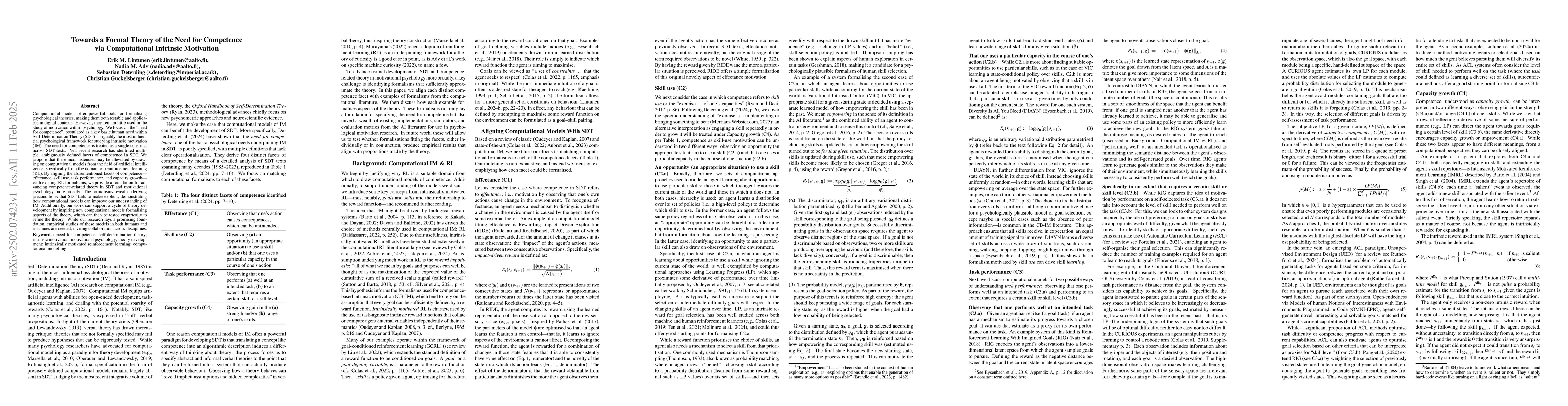 Thumbnail for Towards a Formal Theory of the Need for Competence via Computational
  Intrinsic Motivation